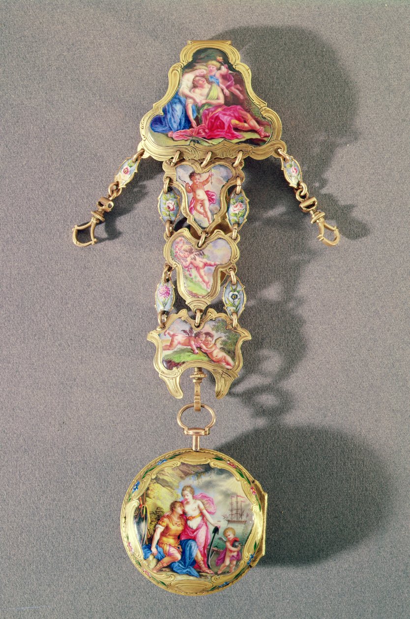 Assista e chatelaine representando Dido e Aeneas, c.1785 (ouro e esmalte) de James Tregent