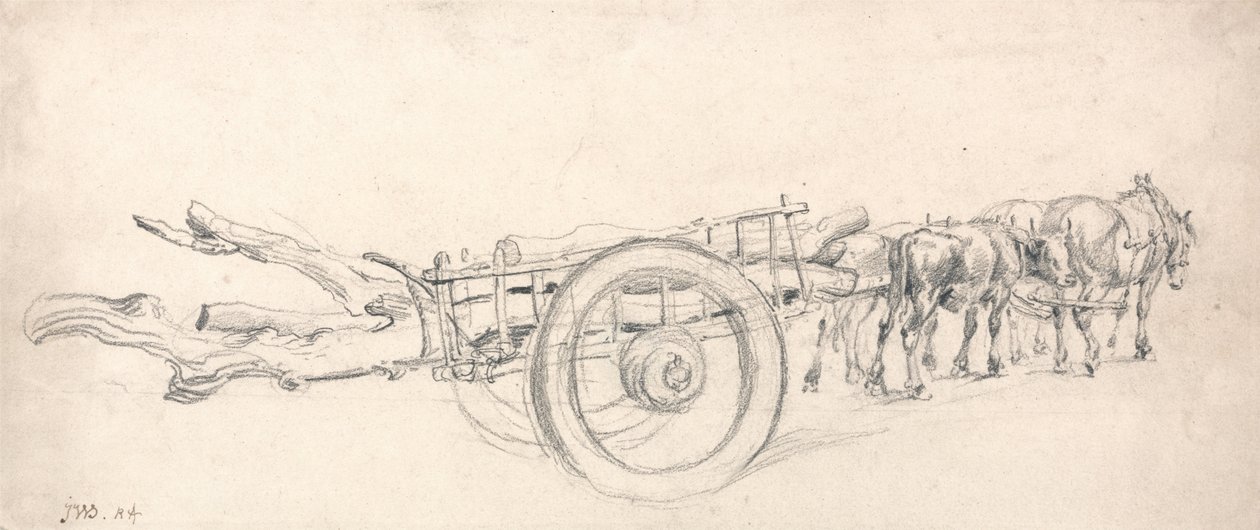 Um carrinho de madeira carregado com troncos de árvores, desenhado por um par de cavalos e um par de bois de James Ward