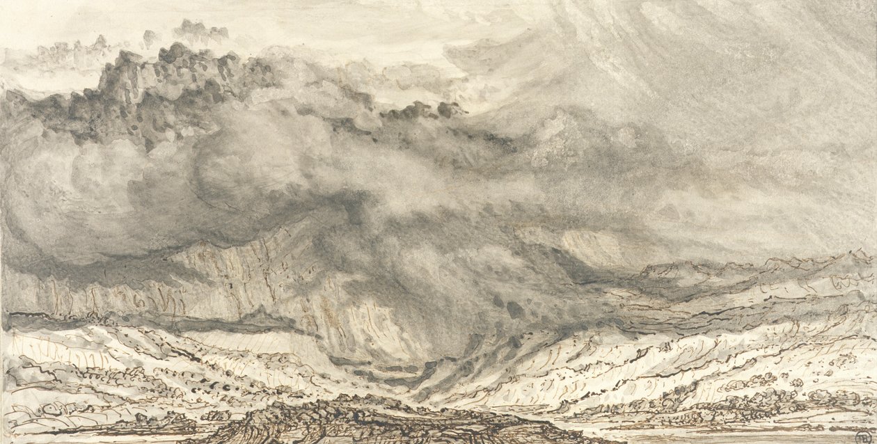 Snowdon, uma tempestade que se aproxima, 1853 (pena e lavagem cinzenta no papel) de James Ward