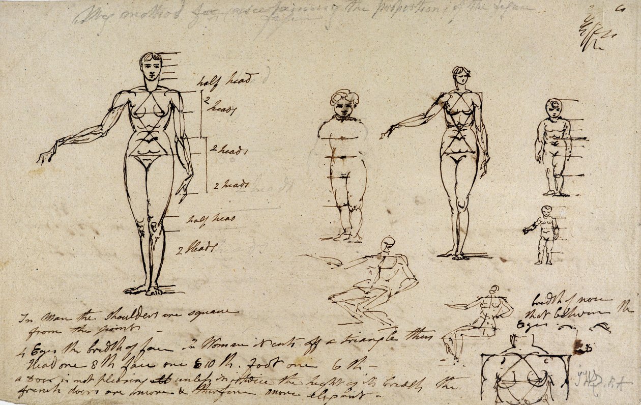 Estudos de anatomia com medidas e escrita (caneta e tinta marrom no papel) de James Ward