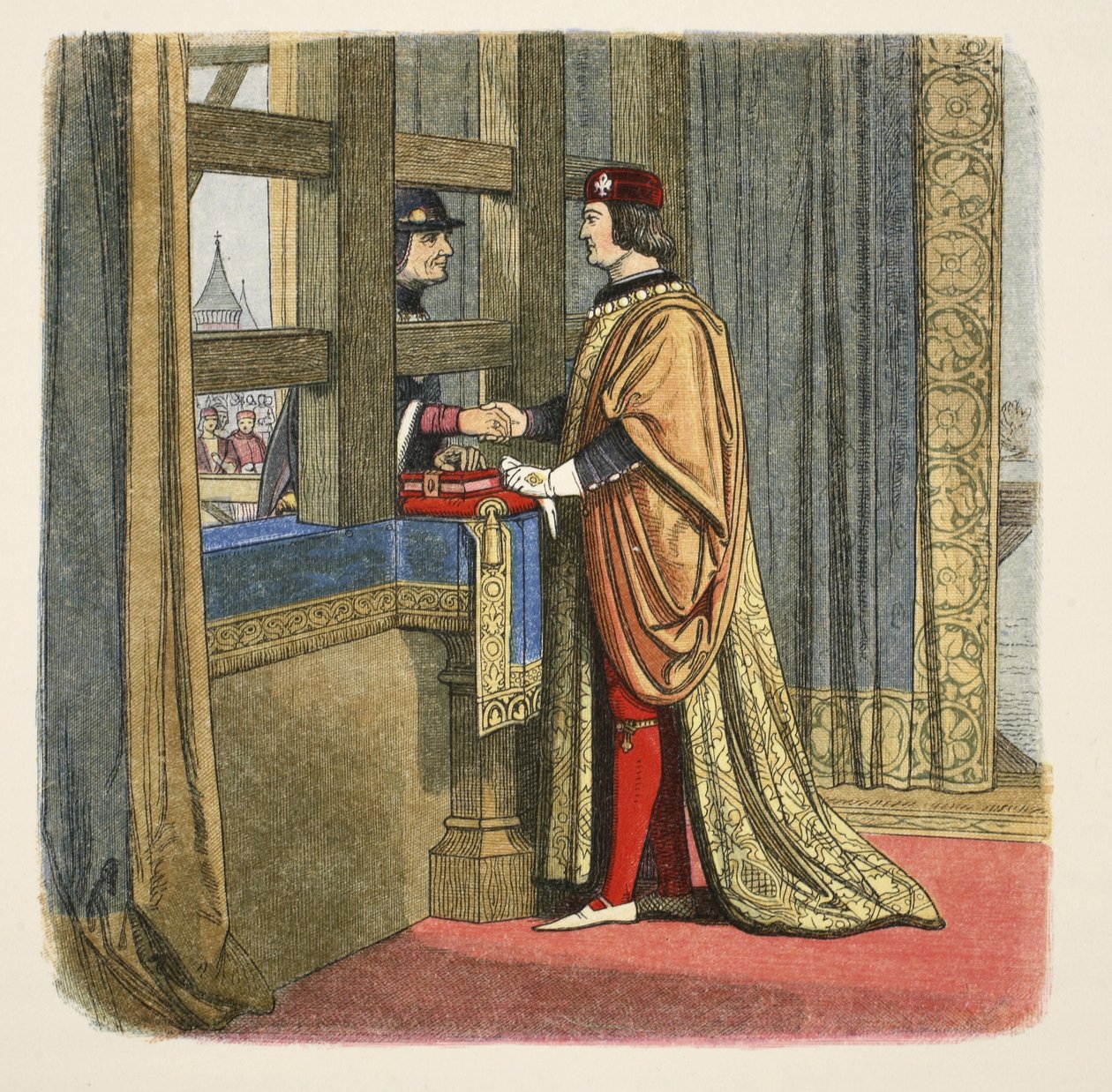 Encontro de Eduardo IV e Luis XI da França em Pecquigny, 29 de agosto de 1475, de A Chronicle of England BC 55 a AD 1485, pub. Londres, 1863 de James William Edmund Doyle