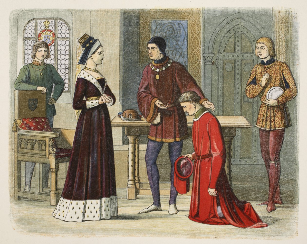 O Conde de Warwick submete-se a Rainha Margaret, 1470, de A Chronicle of England BC 55 a AD 1485, pub. Londres, 1863 de James William Edmund Doyle