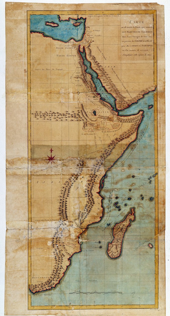 Mapa da África Oriental (mapa da rota que as frotas de Salomão fizeram) - em "Journey to Nubia and Abyssinia undertaken to discover the sources of the Nile during the years 1768 to 1772", por James Bruce, Paris de James Bruce