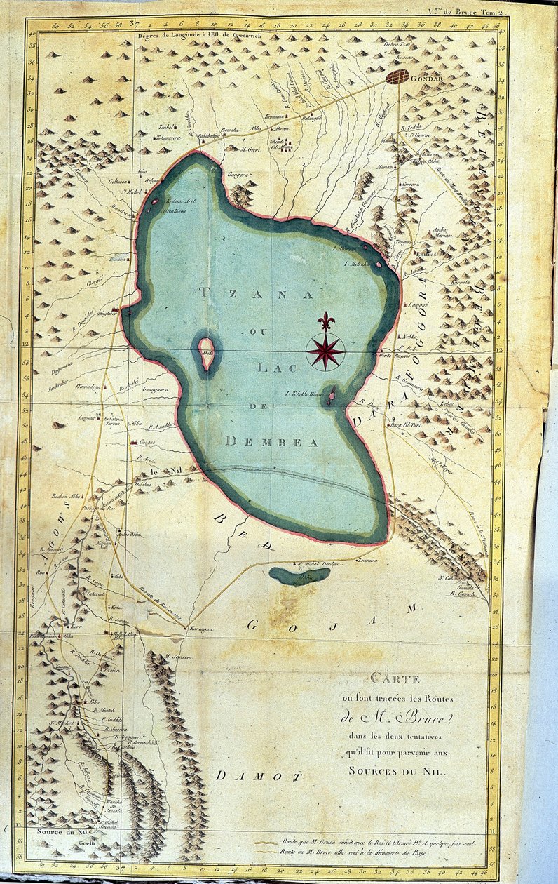 Mapa da região do Lago Tzana ou do Lago Dembea (rotas de M. Bruce em suas duas tentativas de chegar às nascentes do Nilo) - em" Journey to Nubia and Abyssinia undertaken to discover the sources of the Nile during the years 1768 to 1772", por James Bruce, v de James Bruce