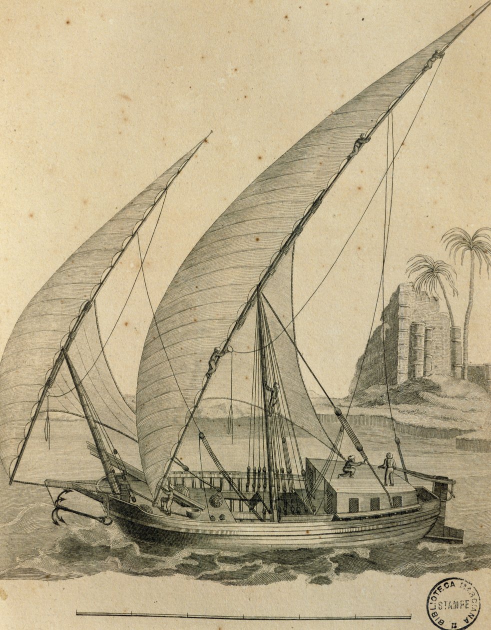 Veleiro de Nubia, Egipto, gravura de Cartes et figures du Voyage en Nubie et en Abyssinie, James Bruce de James Bruce