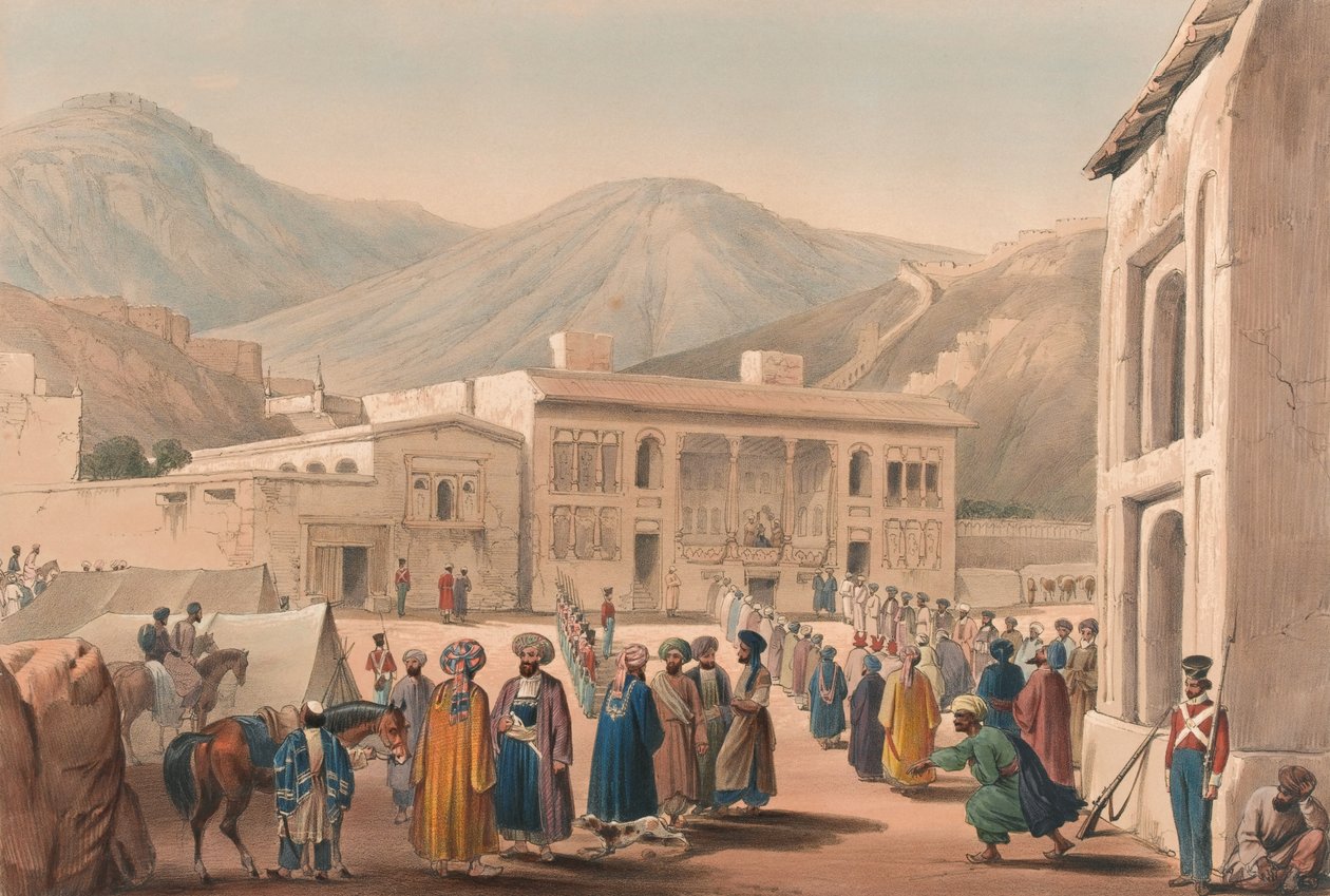 O Durbar-Khaneh do Shah Shoojah-ool-Moolk, em Cabaul [sic], c.1840 (litografia, colorido) de James (after) Atkinson