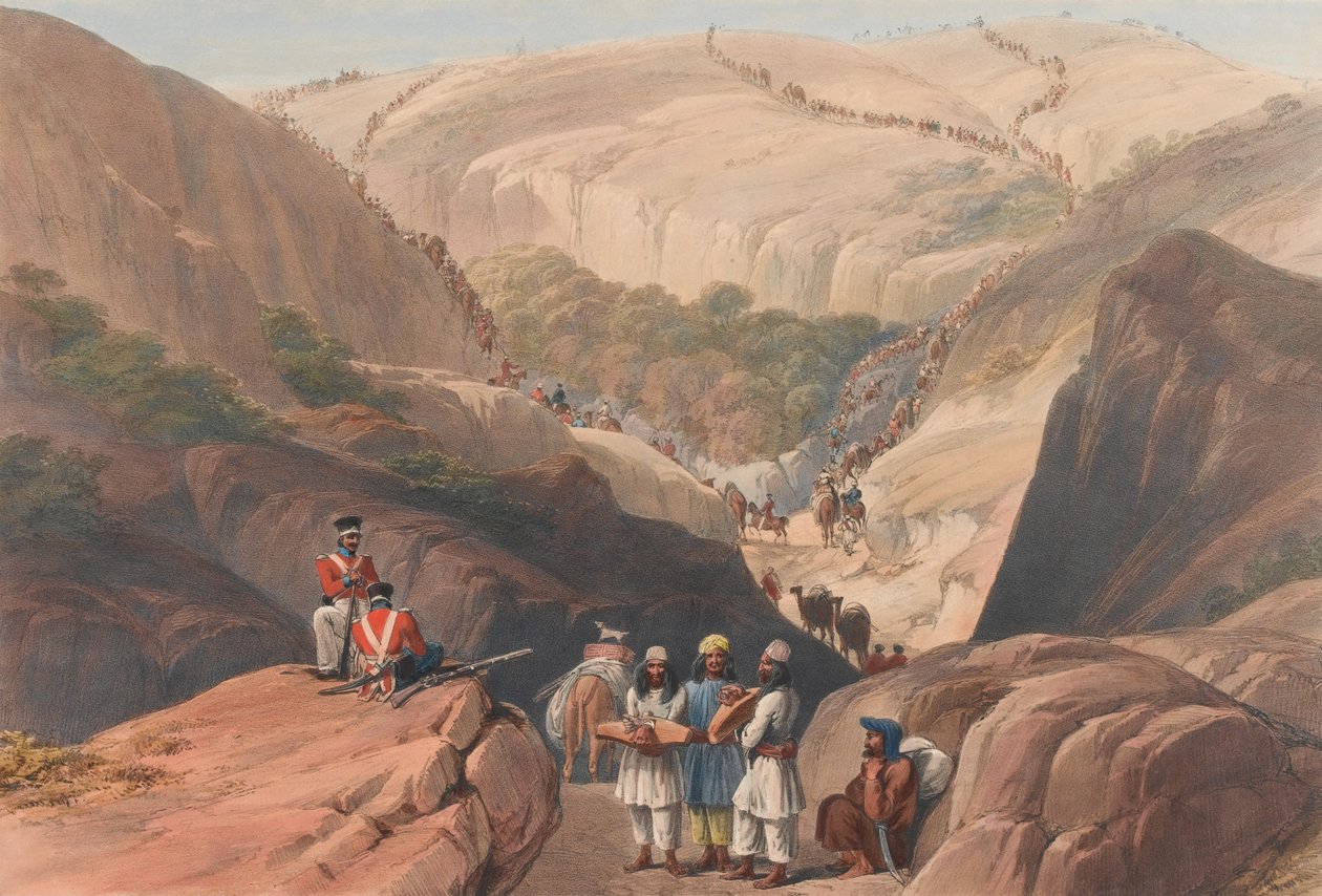 The First Descent through the Koojah [sic] Pass, c.1839 (litografia, colorido) de James (after) Atkinson