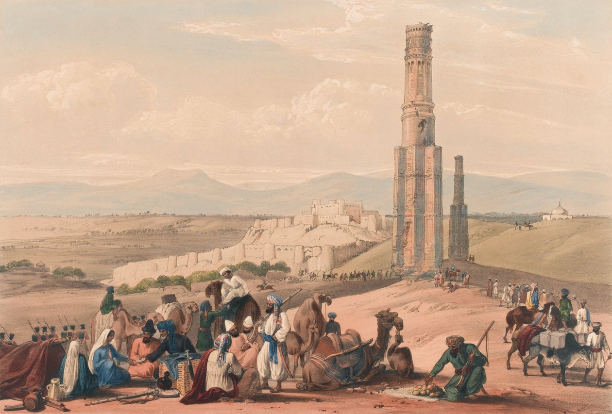 A Fortaleza e Cidadela de Ghuznee [sic] e os dois Minares, c.1839 (litografia, colorido) de James (after) Atkinson
