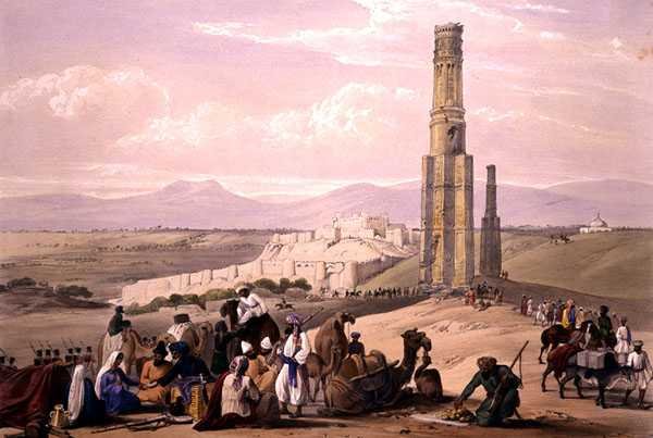 A Fortaleza e Cidadela de Ghunzee e Os Dois Minares, de "Sketches in Afghaunistan", gravado por Charles Haghe (1810-88) e Louis Haghe (1806-85), publicado por Henry Graves de James (after) Atkinson