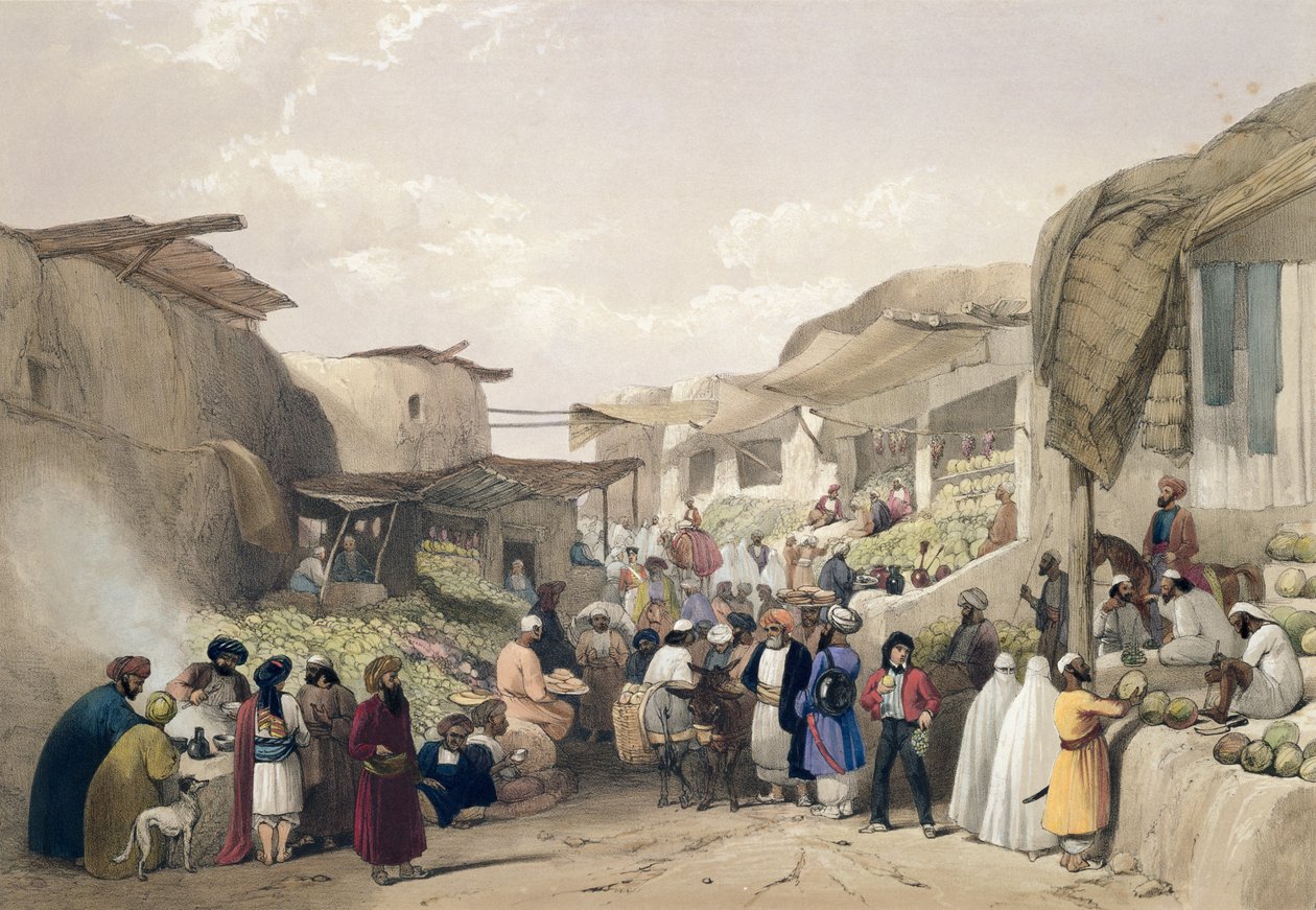 A Rua Principal do Bazar em Caubul, na época das frutas, de "Sketches in Afghaunistan", gravado por Charles Haghe (1810-88) e Louis Haghe (1806-85), publicado por Henry Graves de James (after) Atkinson