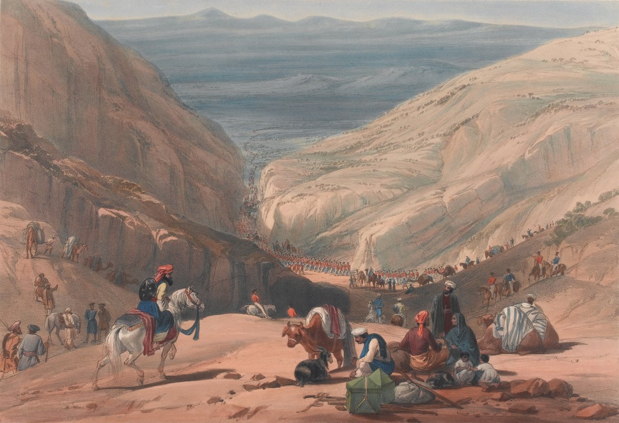 A Segunda Descida pelo Passo Koojah [sic], c.1839 (litografia, colorido) de James (after) Atkinson