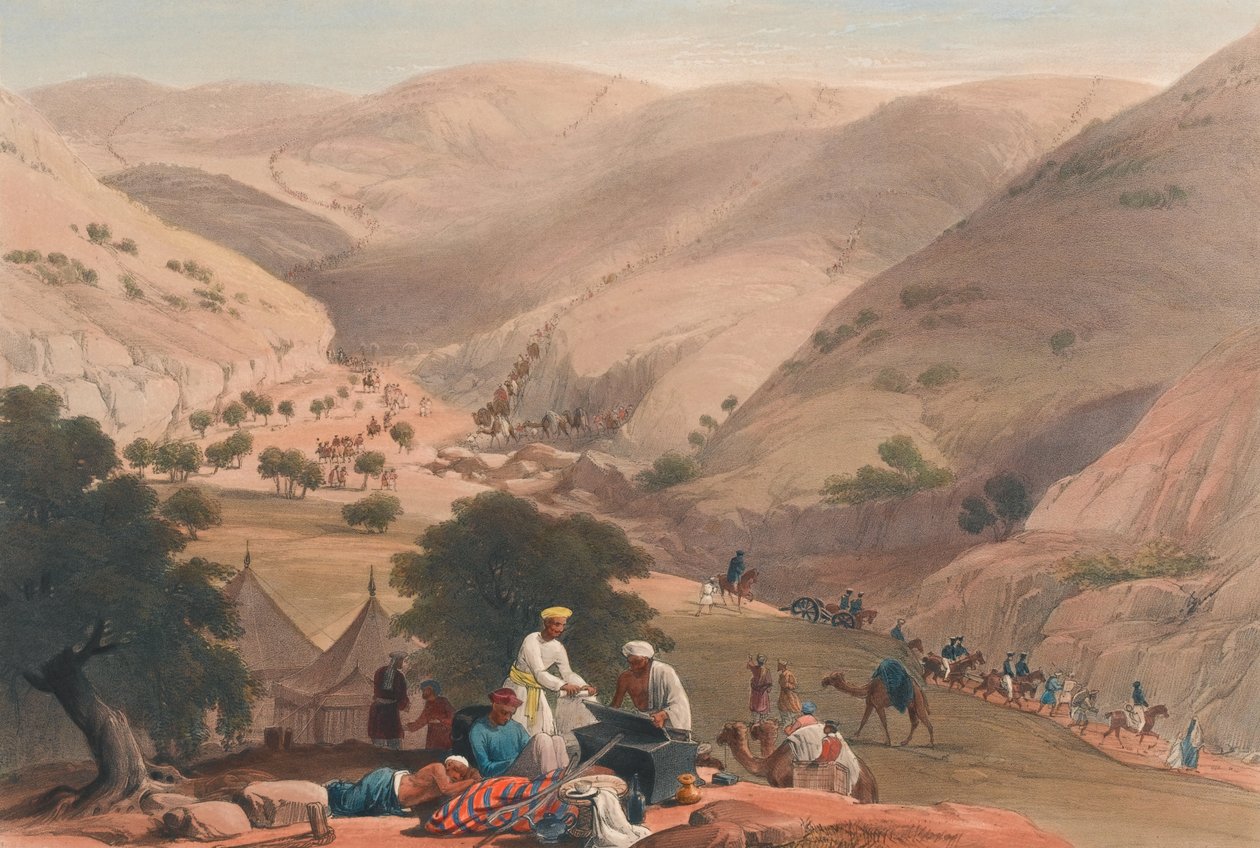 A Terceira Descida do Koojah [sic] Pass, c.1839 (litografia, tingida) de James (after) Atkinson