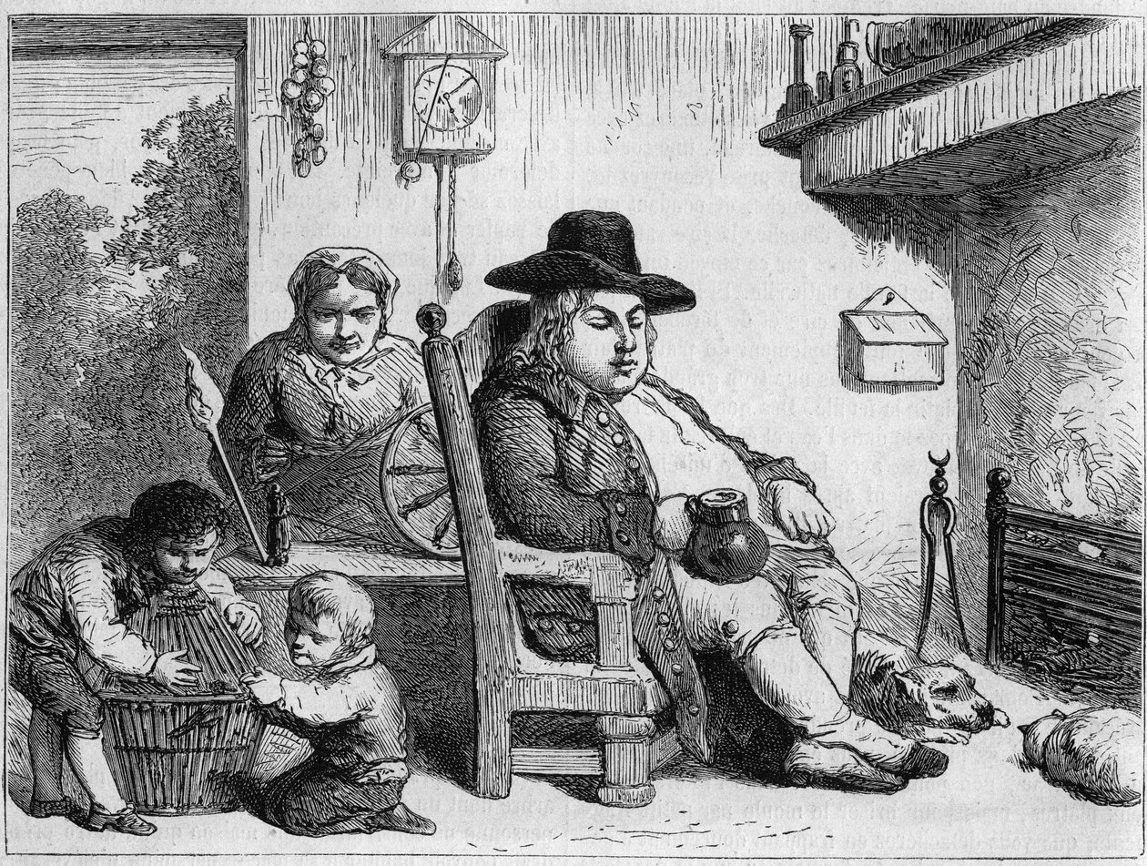 John Bull feliz: John Bull (personagem do típico inglês, símbolo da Inglaterra) em casa com sua esposa e filhos. Gravura de Gilbert depois de Gillray. Em "Le Magasin pitoresco". de James (after) Gillray