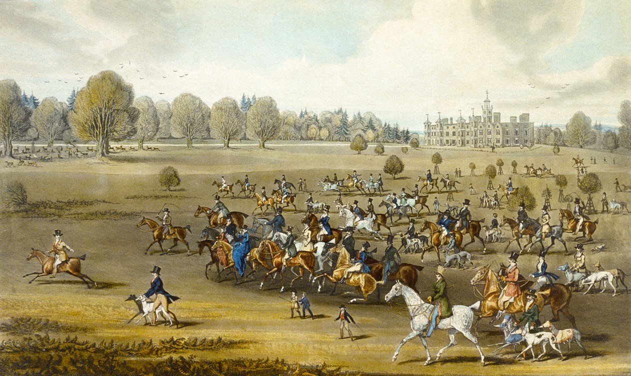 Coursers taking the Field at Hatfield Park, gravados por James Pollard (1797-1867) (cor litho) (ver também 266807) de James (after) Pollard