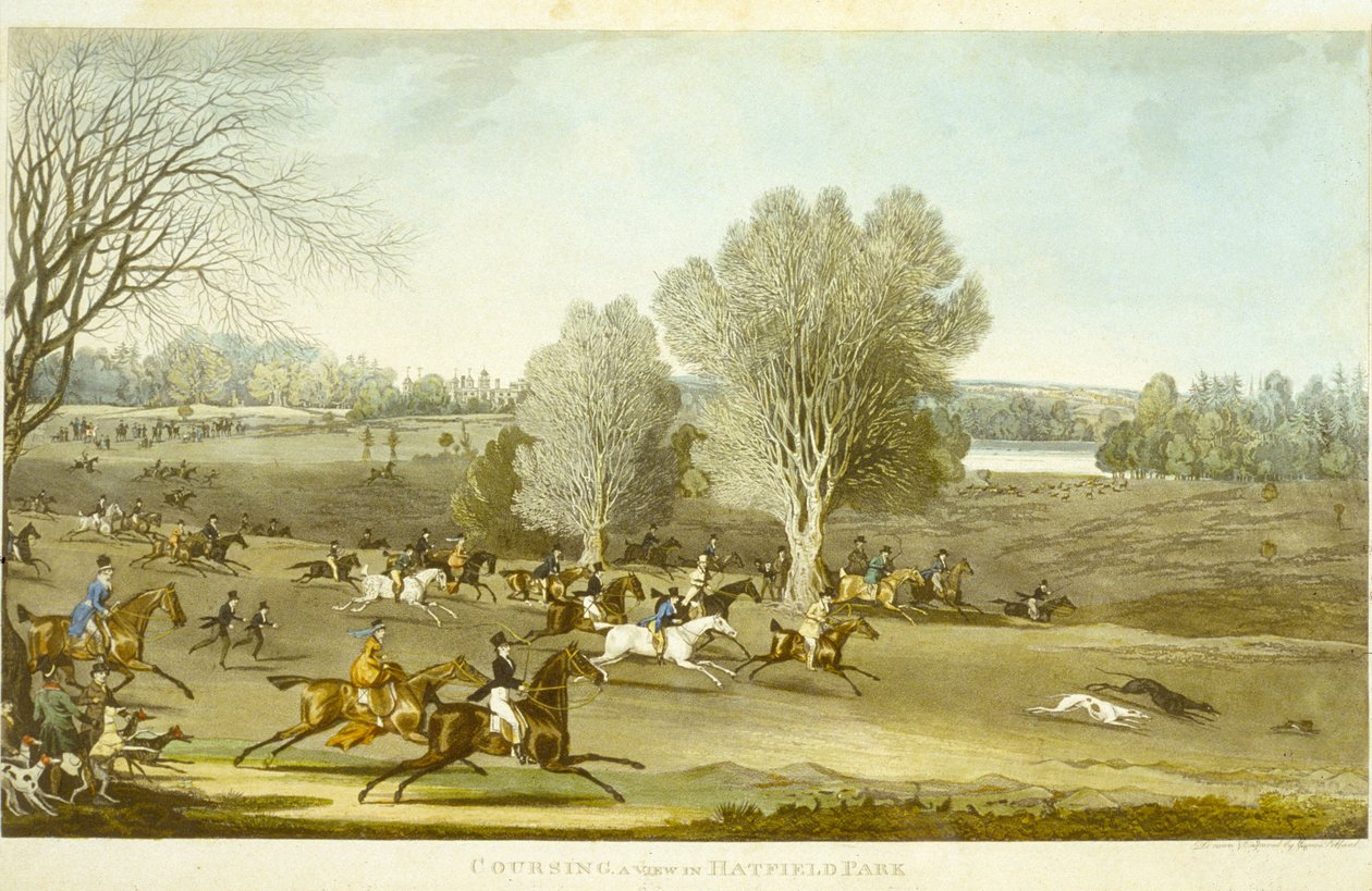 Coursing - A View of Hatfield Park, gravada por James Pollard (1797-1867) (cor litho) (ver também 266808) de James (after) Pollard