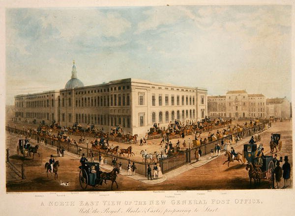Vista Nordeste do Novo Correio Geral (gravada por H. Pyall) (aquatint em papel) de James (after) Pollard