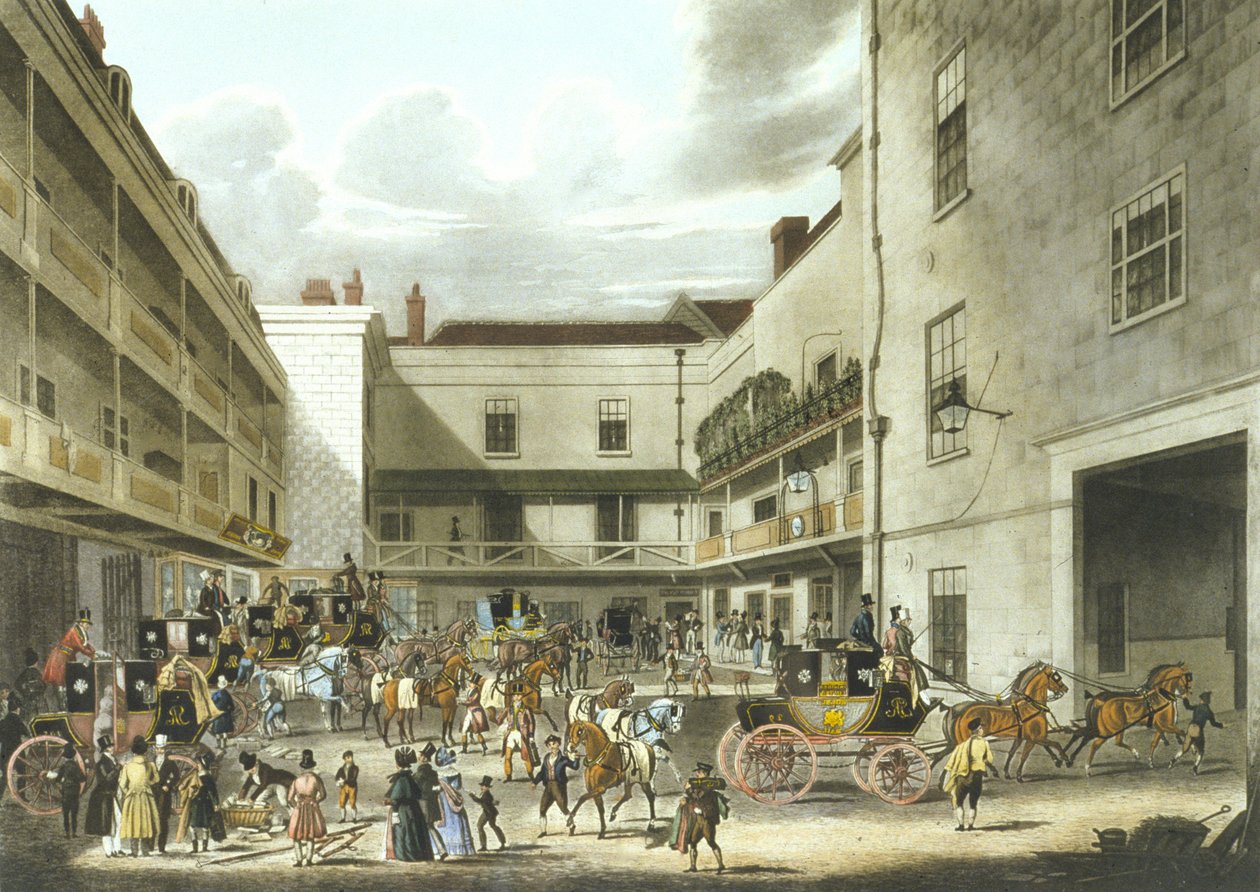 Royal Mail Preparing to Start (litho colorido) de James (after) Pollard