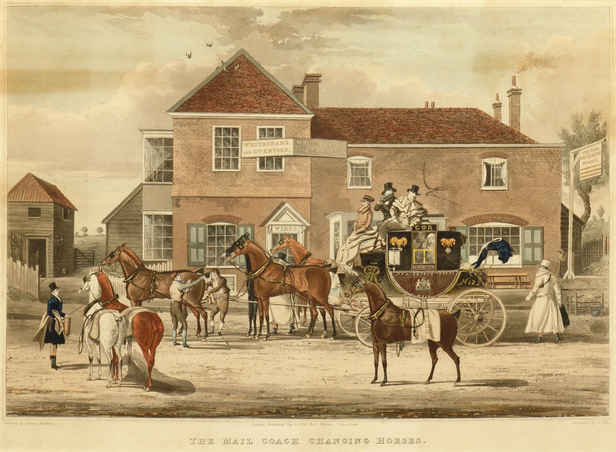 The Mail Coach Changing Horses, c.1825 (gravura) de James (after) Pollard