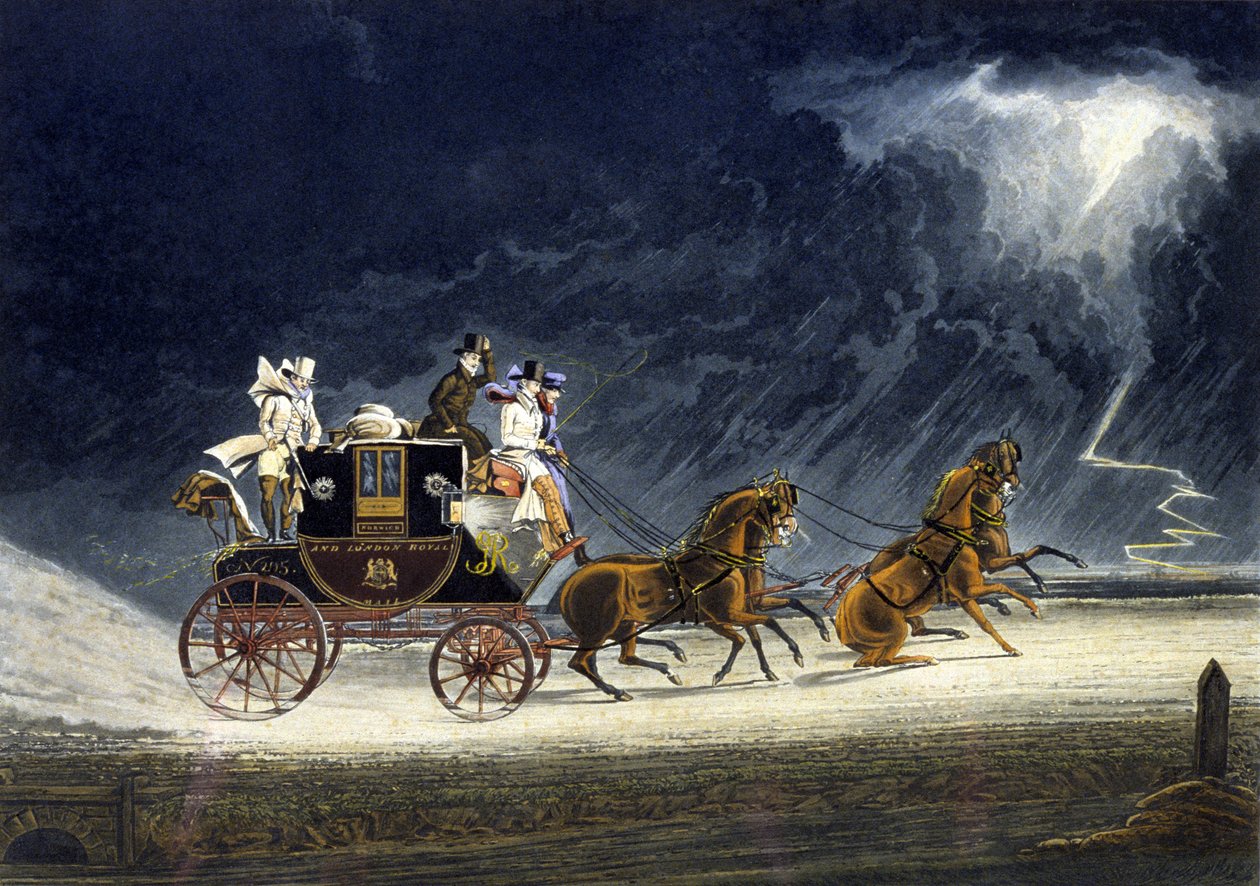 O treinador do correio em uma tempestade, gravado por R.G. Reeve de James (after) Pollard