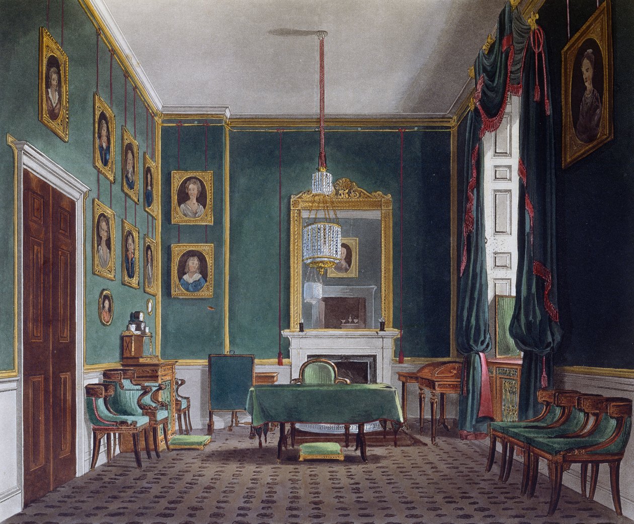 Sala de Retiro Verde, Gravura de Daniel Havell (1785-1826), Baseado no desenho de James Stephanoff (ca 1788-1874), From The History of the Royal Residences de James (after) Stephanoff