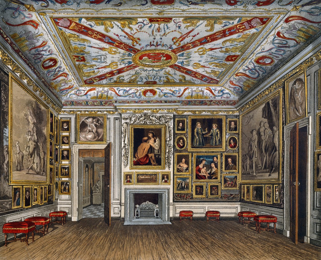 Sala de reuniões, Gravura de Daniel Havell (1785-1826), Baseado no design de James Stephanoff (ca 1788-1874), From The History of the Royal Residences de James (after) Stephanoff