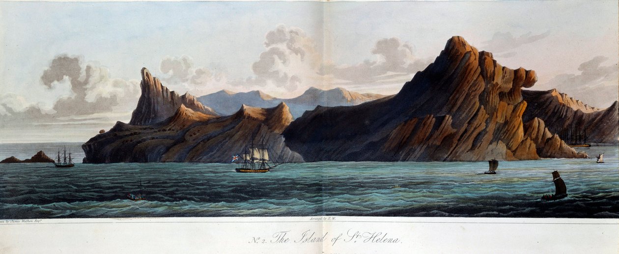 Vista da ilha de Sainte Helene (Sainte-Helene), no século XIX. Aquarela de James Wathen (d. 1828) Paris, Musee de l