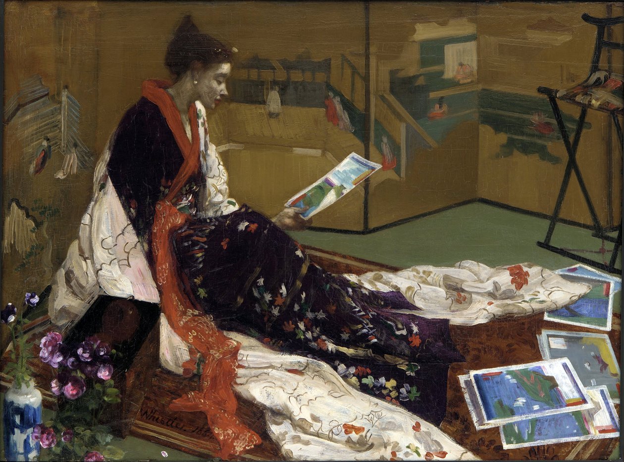 "Caprice in purple and gold: the golden screen" Jovem mulher vestida ao estilo japonês em quimono, olhando para gravuras - (Japonismo) Pintura de James Abbott McNeill Whistler (1834-1903) 1864 Freer Gallery of Art, Washington USA de James Abbott McNeill Whistler