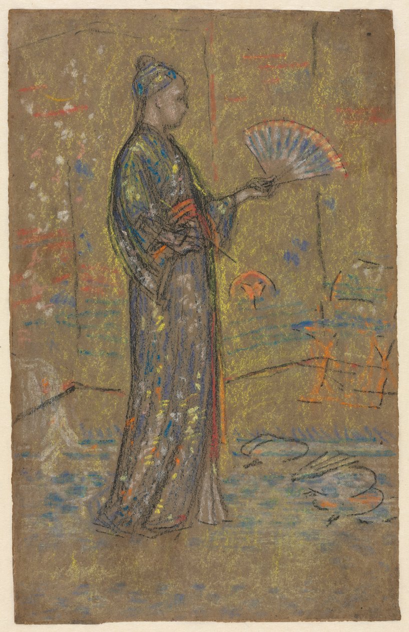 Mulher japonesa pintando um leque de frente, mulher em pé segurando seu vestido verso, c. 1872 de James Abbott McNeill Whistler