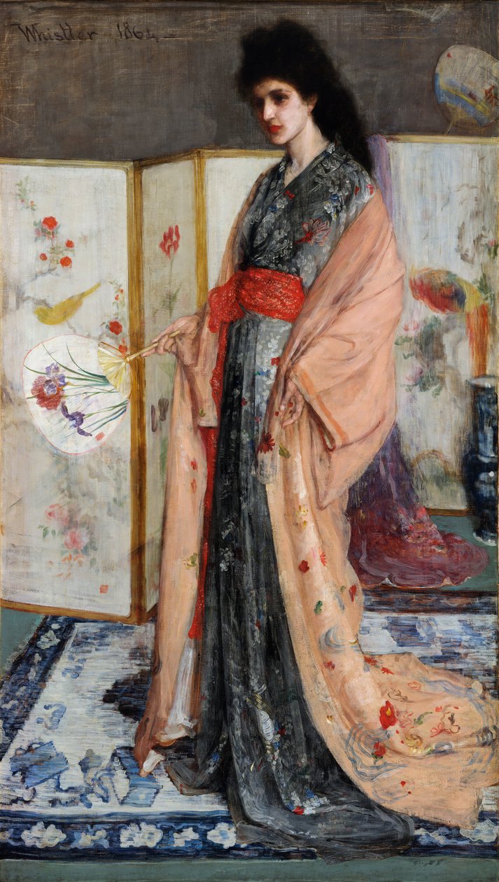 ""A Princesa da Terra da Porcelana"" (Rosa e Prata: A Princesa da Terra da Porcelana) Jovem vestida no estilo japonês em um quimono, atrás dela uma tela japonesa (Japonismo) Pintura de James Abbott McNeill Whistler ( 1834-1903) 1864 Mais Livre de James Abbott McNeill Whistler