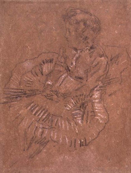PD.67-1959 A Seated Girl in a Large Skirt (A Study of Elinor Leyland) c.1870-80 (giz preto e branco sobre papel castanho) de James Abbott McNeill Whistler