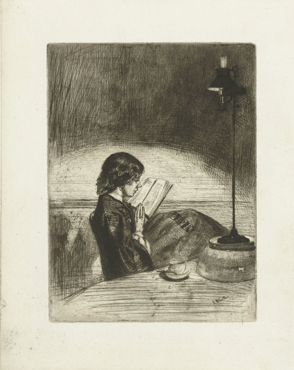 Retrato de Deborah Delano lendo Leitura à luz da lâmpada de James Abbott McNeill Whistler