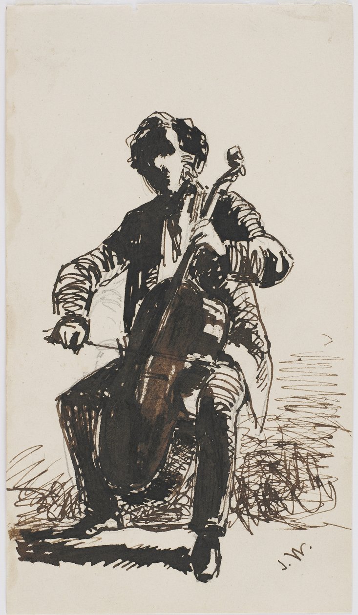 Sir Seymour Haden tocando o violoncelo, c.1855 (lápis, caneta e tinta sobre papel bege) de James Abbott McNeill Whistler