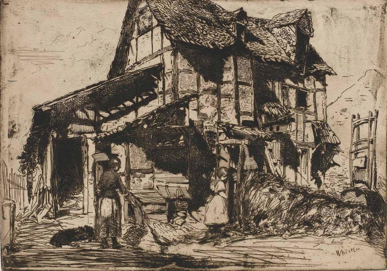O Cortiço Inseguro. Uma das Doze Etchings da Natureza. O Conjunto Francês, 1858. de James Abbott McNeill Whistler