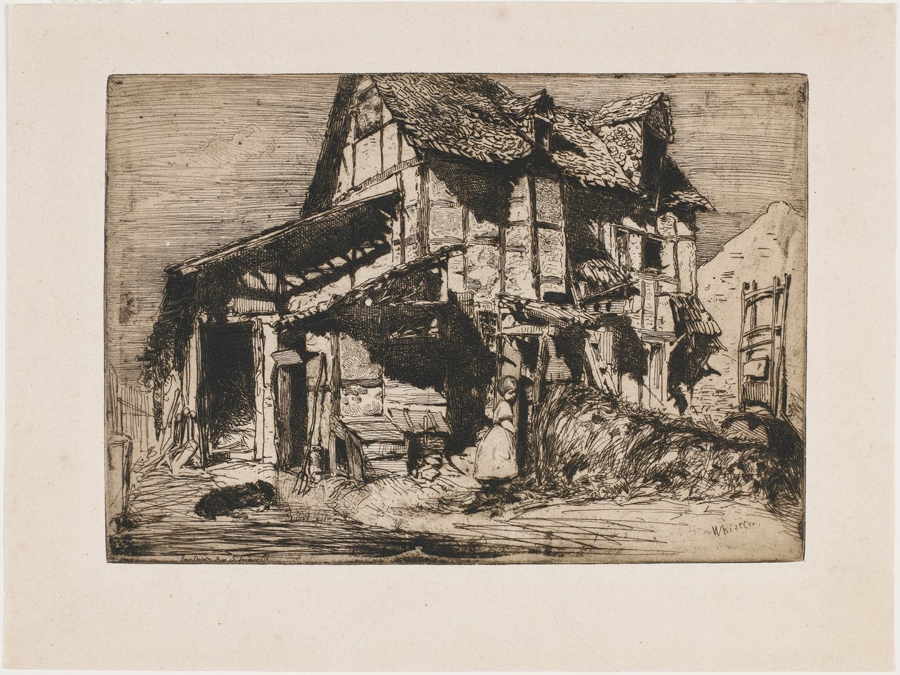 O Cortiço Inseguro. Uma das doze gravuras da Nature The French Set, 1858. de James Abbott McNeill Whistler