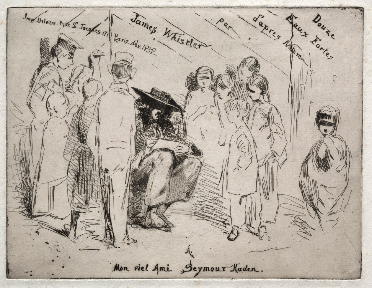 Doze gravuras da natureza: página de título - Delauney Sketching, 1858. de James Abbott McNeill Whistler