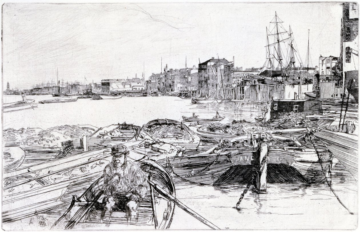 Vista do Tamisa, sobre a bacia de Londres (Inglaterra), em 1859, pertence a uma série de gravuras sobre o Tamisa, que destaca a comunidade de trabalhadores marítimos da capital inglesa de James Abbott McNeill Whistler