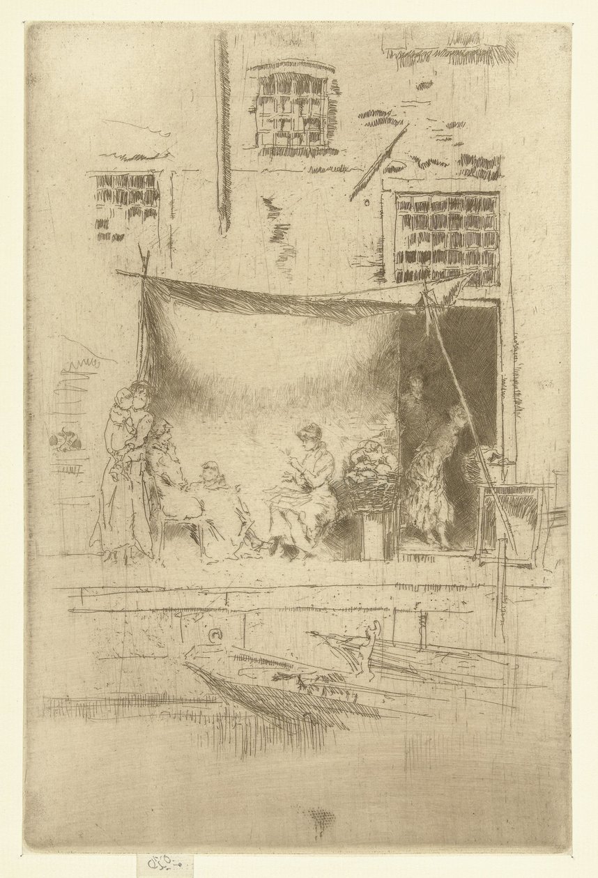 Mulheres sob um guarda-sol no cais Barraca de frutas Um conjunto de vinte e seis gravuras (título da série) de James Abbott McNeill Whistler
