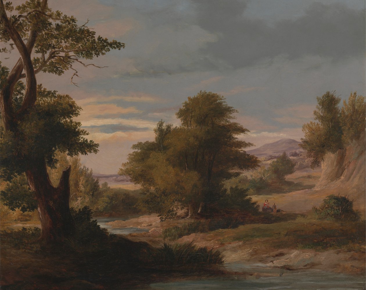 Uma paisagem fluvial arborizada com mãe e filho de James Arthur O