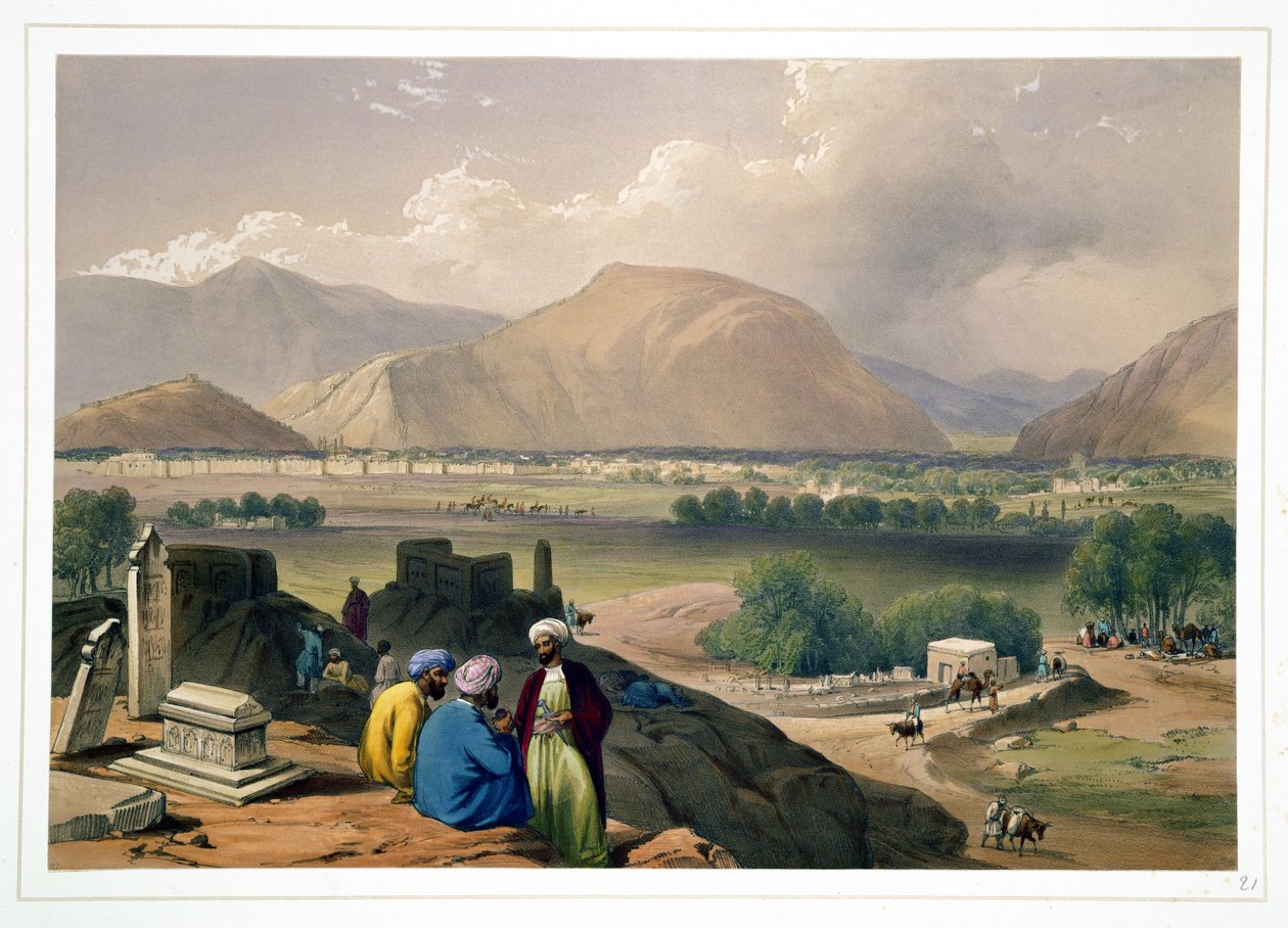 Caubul, de um cemitério no cume da montanha, a nordeste da cidade, de "Sketches in Afghaunistan", gravada por Charles Haghe (1810-1888) e Louis Haghe (1806-1885), publicada por Henry Graves, 1 de James Atkinson