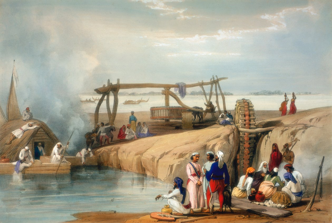 Roda persa elevando a água do rio Sutlej, Punjab, 1842 de James Atkinson