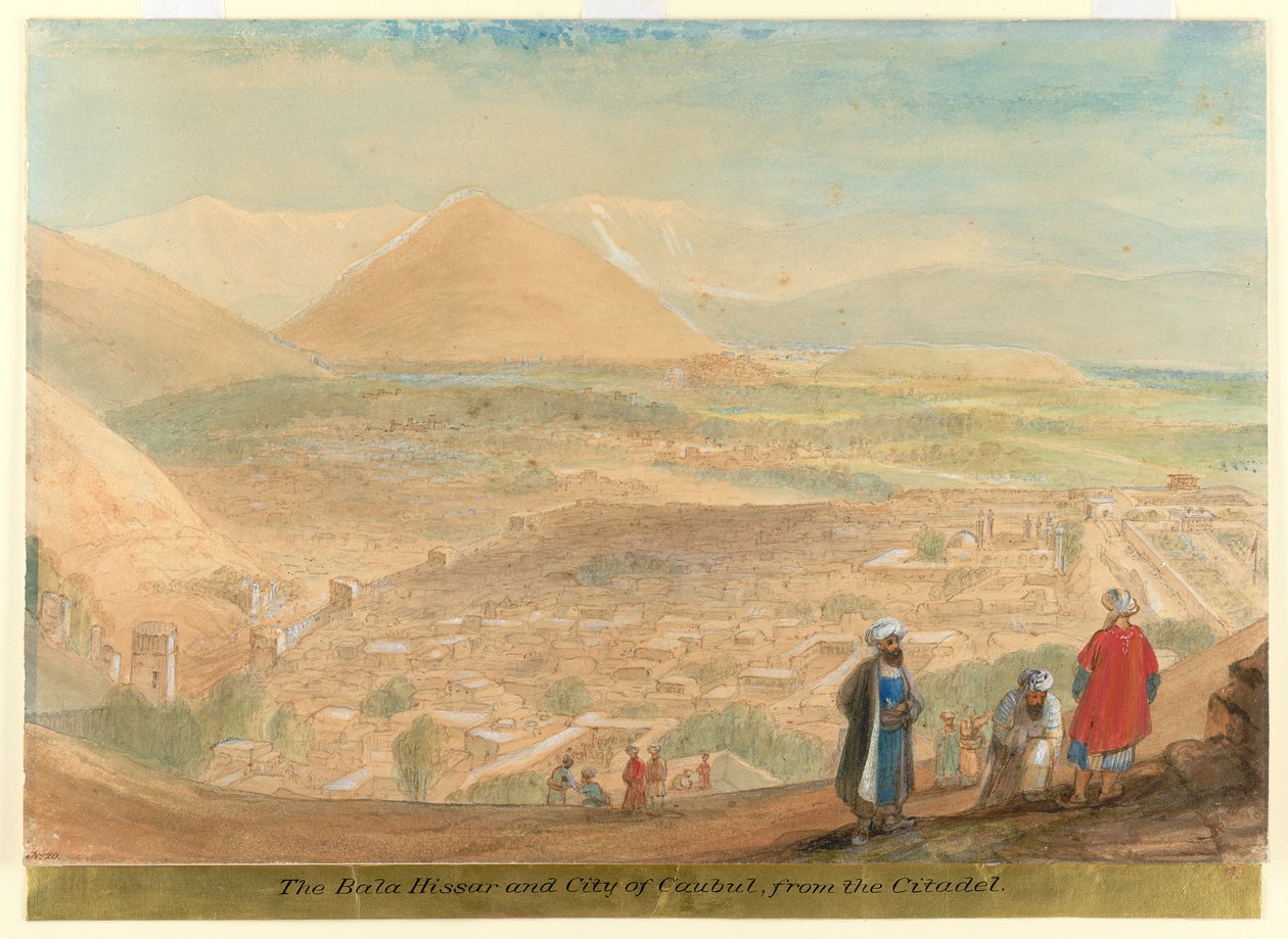 O Bala Hissar e a cidade de Cabul (Afeganistão) da Cidadela de James Atkinson