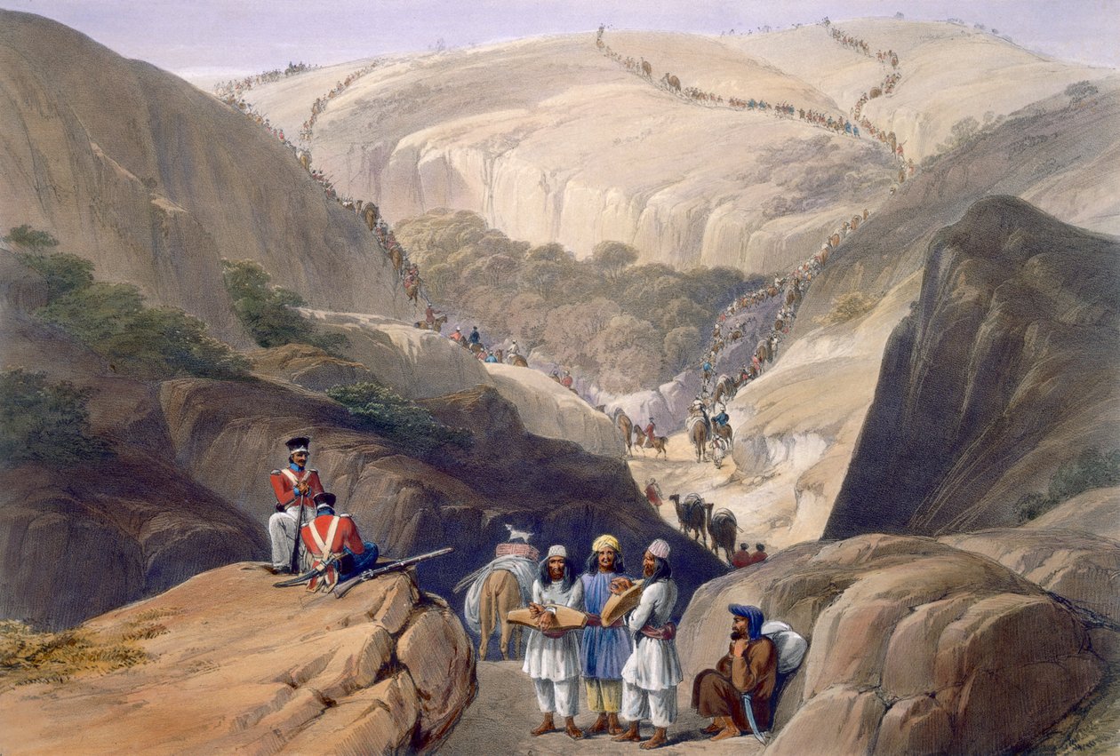 A primeira descida pelo Passo de Koojah, de "Esboços no Afeganistão", gravada por Charles Haghe (1810-1888) e Louis Haghe (1806-85), publicada por Henry Graves, 1842 de James Atkinson