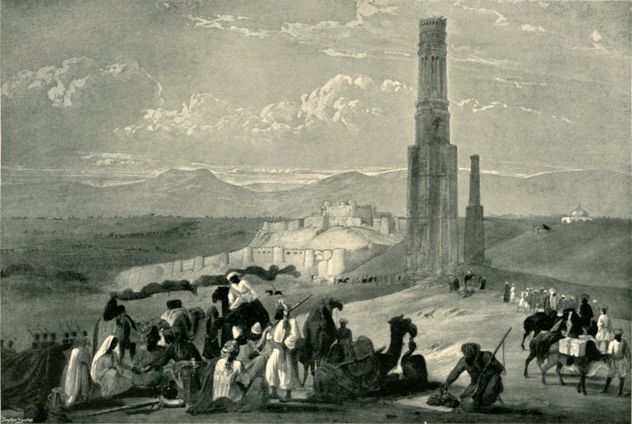 A fortaleza e a cidadela de Ghazni e os dois minares, c1840, 1901. de James Atkinson