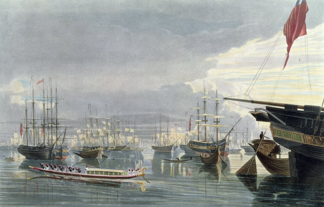 Uma vista do rio, expedição e cidade de Calcutá, perto da doca de Smiths, 1837, gravada por Robert Havell, o jovem (1793-1878) (aquatint) de James Baillie Fraser