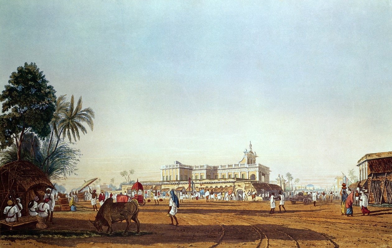 Lall Bazaar e a Capela Portuguesa, Calcutá, gravada por Robert Havell, pub. 1824 de James Baillie Fraser
