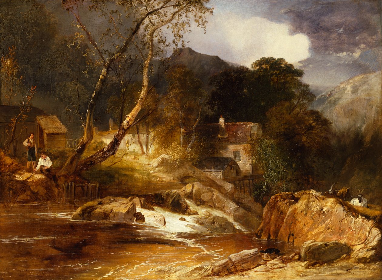Meninos pescando por um moinho de água de James Baker Pyne