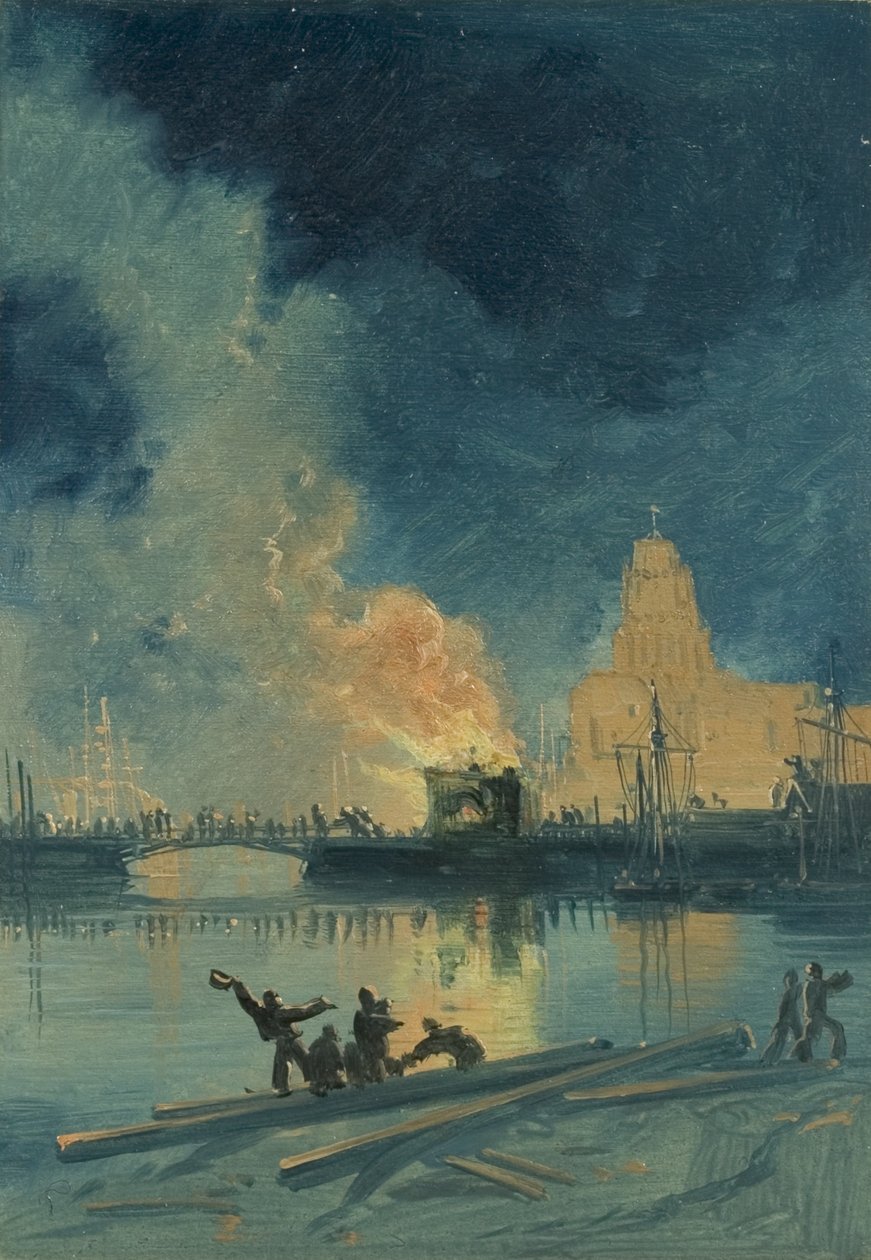 Tumultos de Bristol: Incendiando Toll House na Prince Street Bridge, c.1832 (óleo sobre papel) de James Baker Pyne