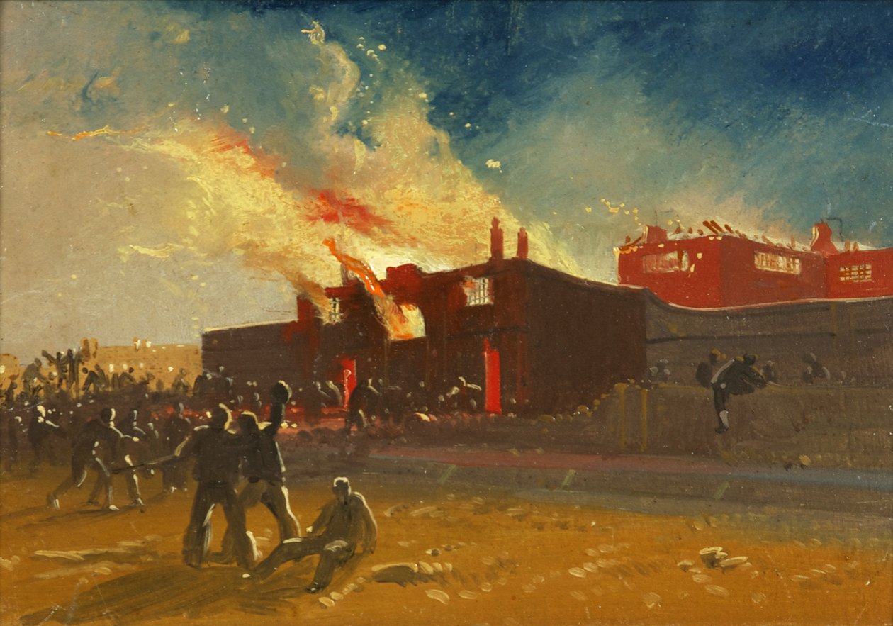 Bristol Motins: The Burning of Lawford&39;s Gate Prison, c.1831 (óleo sobre papel) de James Baker Pyne
