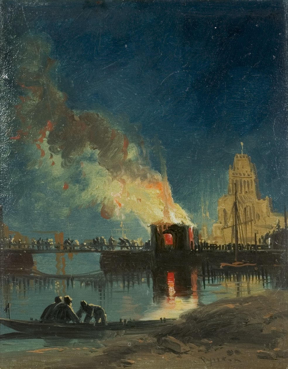 Tumultos de Bristol: a queima das casas de pedágio, Prince Street Bridge, c.1831 (óleo sobre papel) de James Baker Pyne
