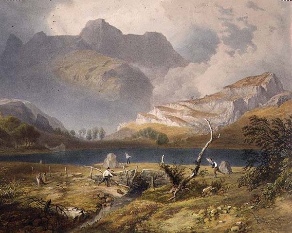 Langdale Pikes, detalhe do tarn, de "The English Lake District", 1853 de James Baker Pyne